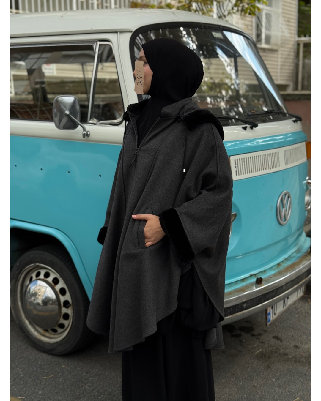 Foklu Koyu Grey Panço (Tak Çıkar Kapşon)