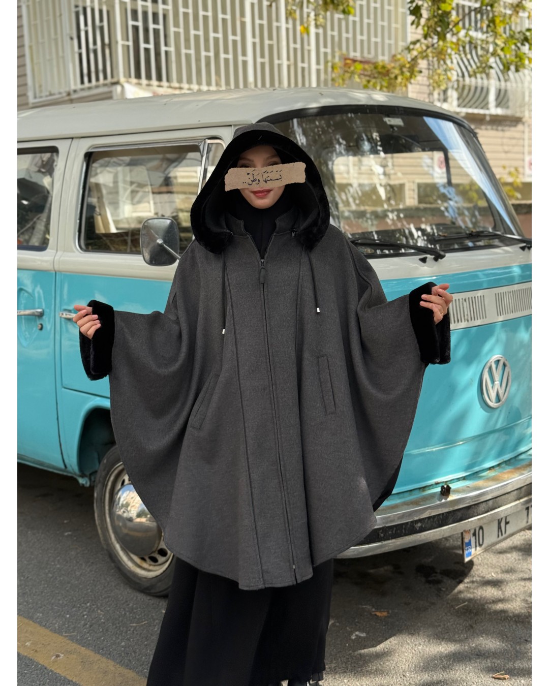 Foklu Koyu Grey Panço (Tak Çıkar Kapşon)