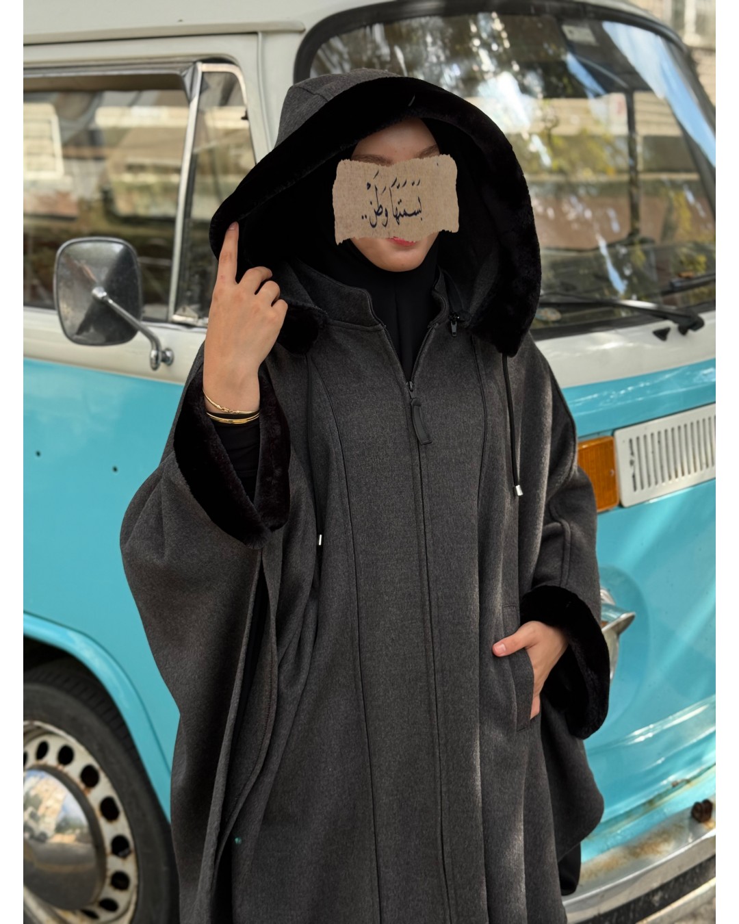 Foklu Koyu Grey Panço (Tak Çıkar Kapşon)