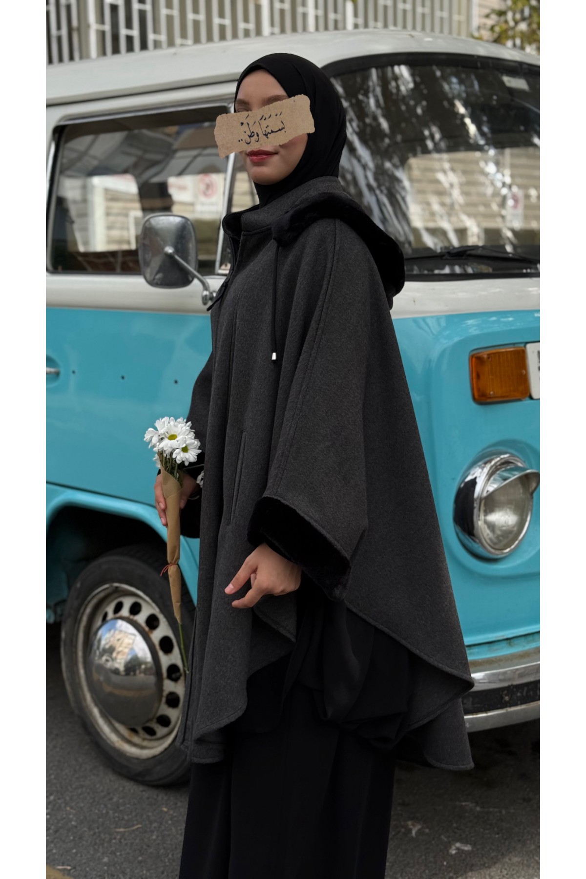 Foklu Koyu Grey Panço (Tak Çıkar Kapşon)