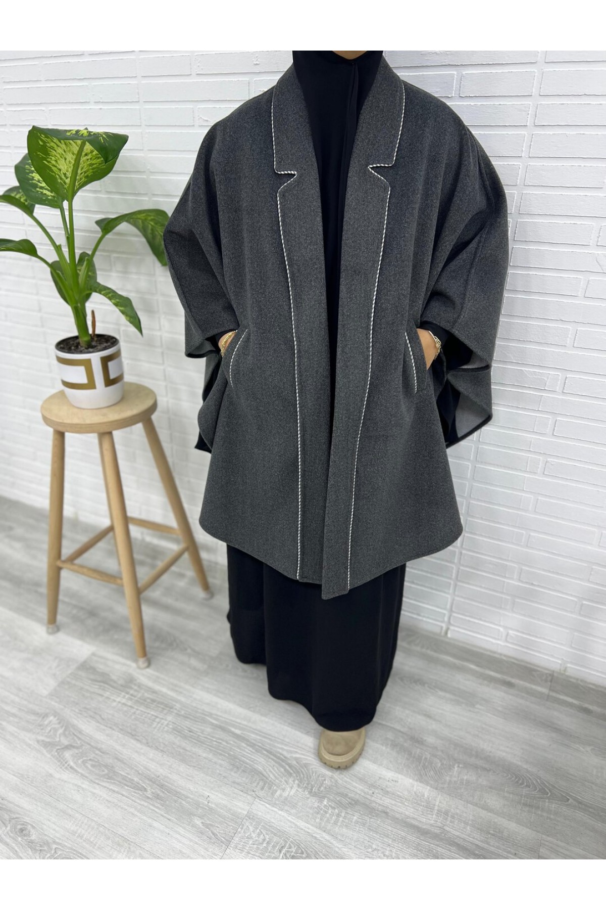 Yakalı Koyu Biyeli Grey 95cm Panço