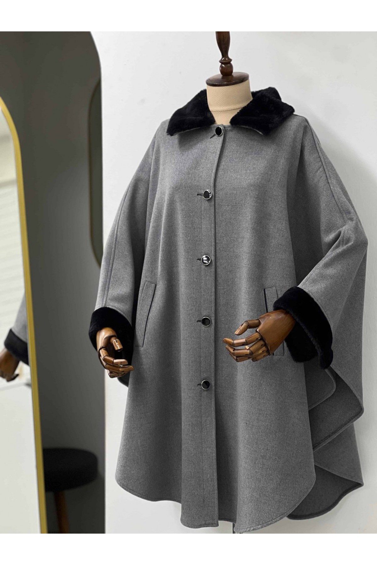 Hakim yaka foklu grey panço